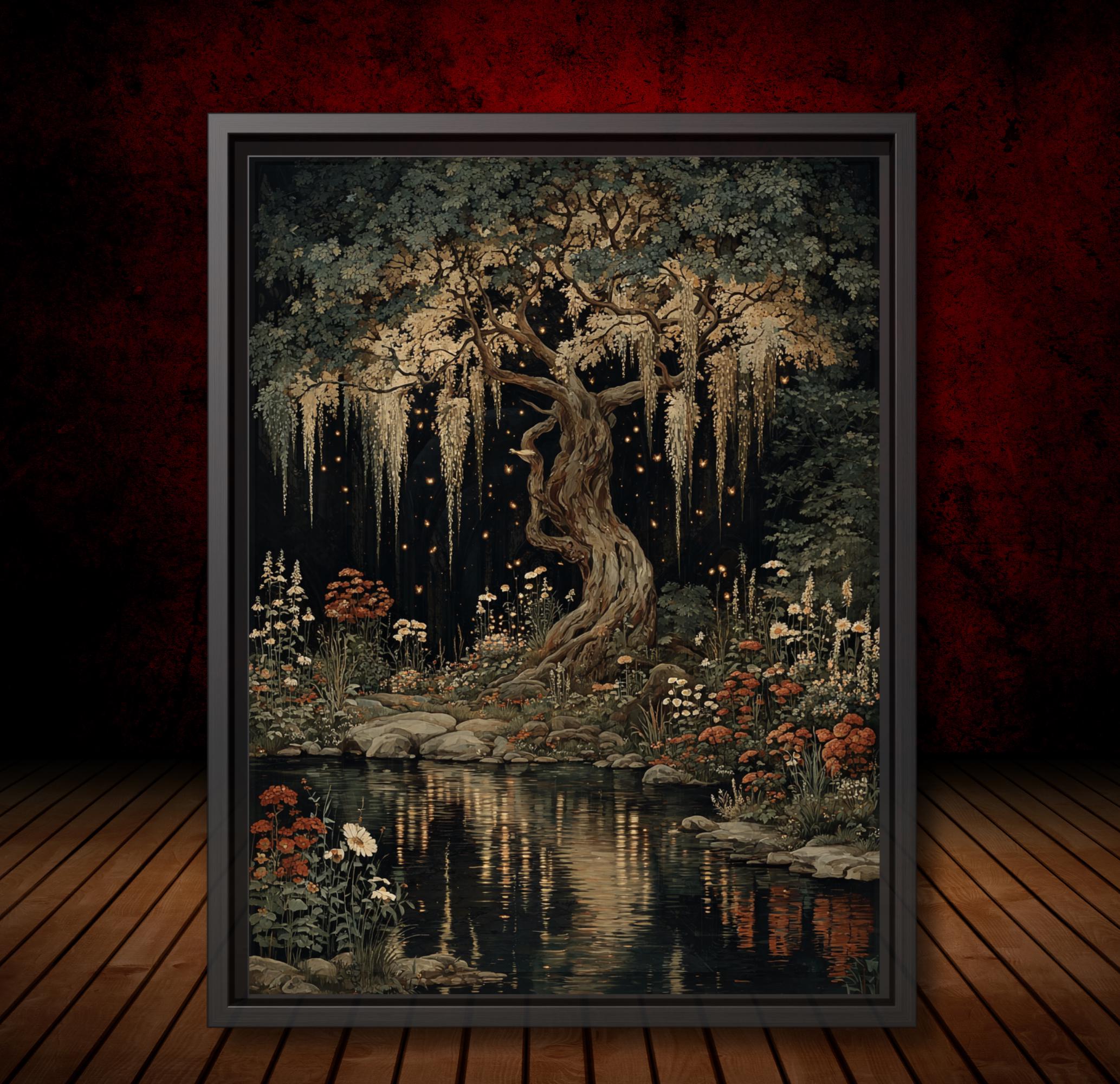 Moonlit Enchanted  Wisteria Tree Print, Dark Academia Willliam Morris Style Forest Art