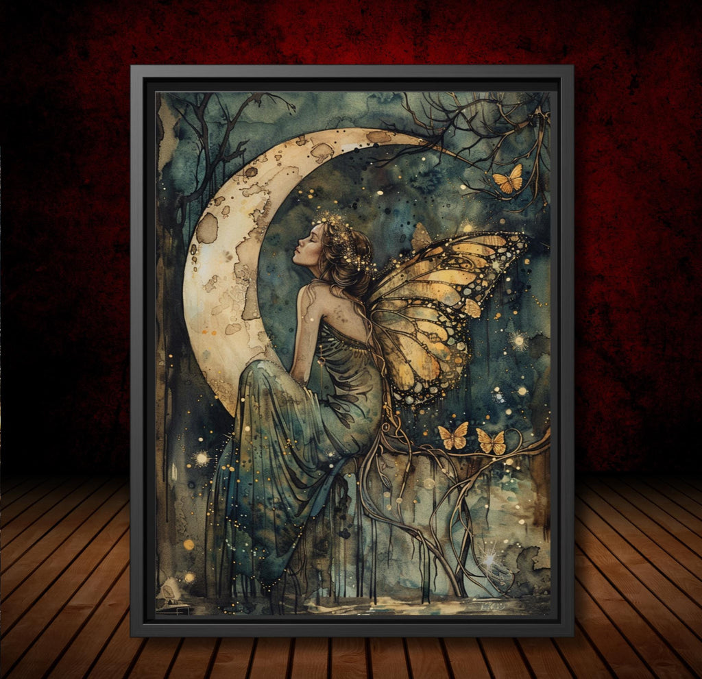 Butterfly Wing Fairy Moon Art Print, Whimsical Woodland Nursery Illustration Kids Decor
