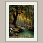 Enchanted Weeping Willow Firefly Print William Morris Inspired Fantasy Golden Tree Reflections on Water