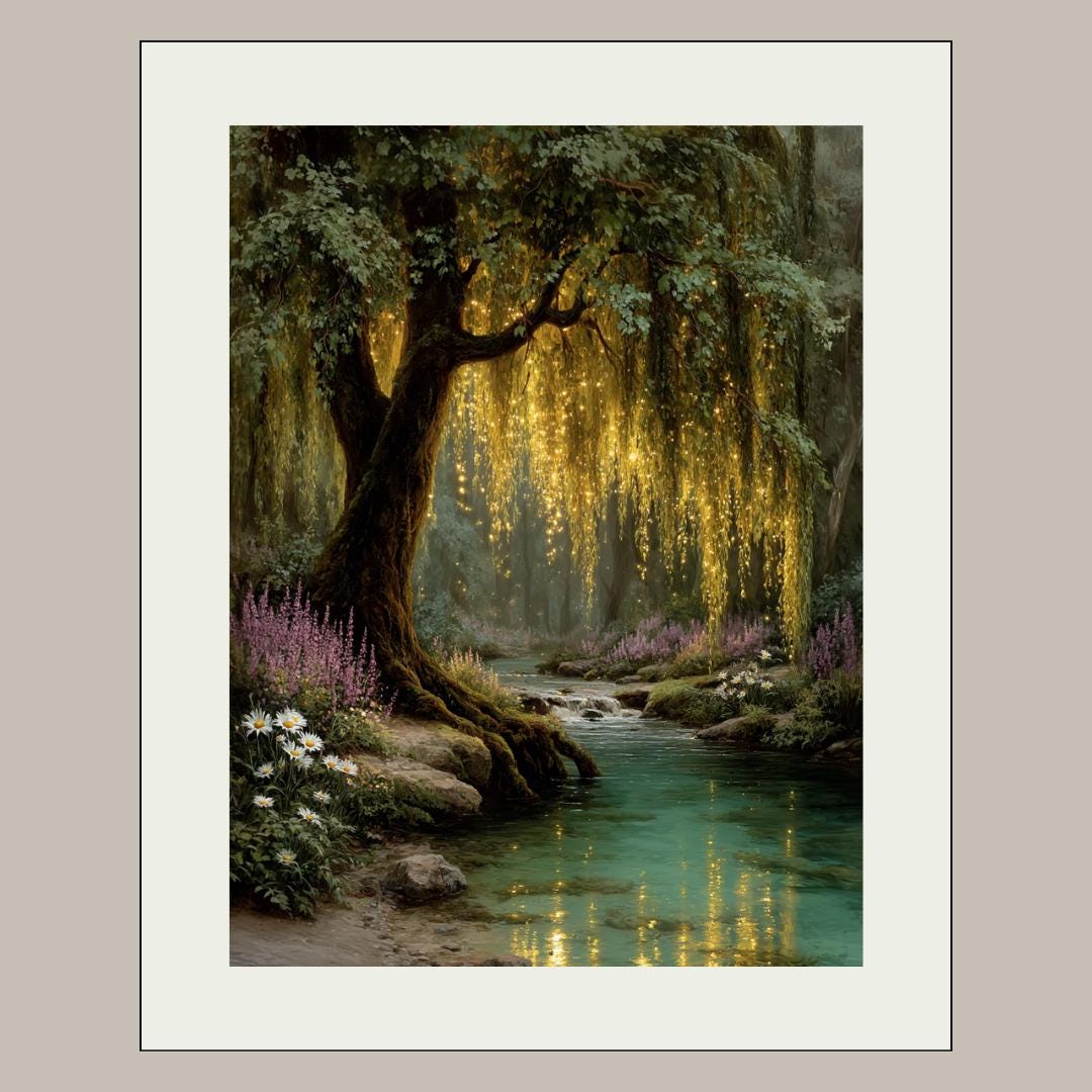 Enchanted Weeping Willow Firefly Print William Morris Inspired Fantasy Golden Tree Reflections on Water