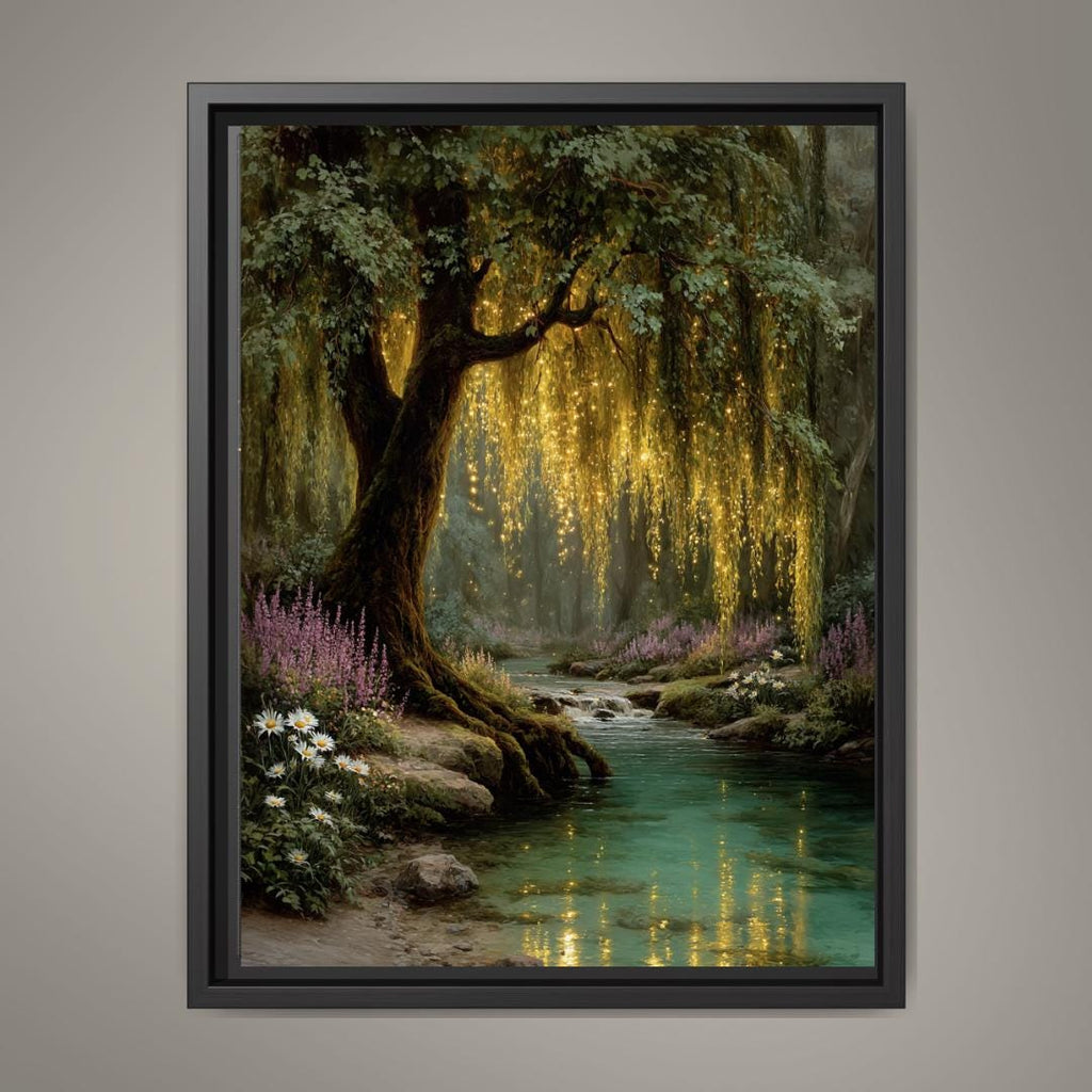Enchanted Weeping Willow Firefly Print William Morris Inspired Fantasy Golden Tree Reflections on Water
