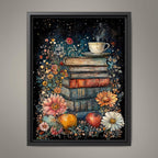 Floral Stack of Books with Coffee Still Life Print, Dark Academia Wall Art illustration