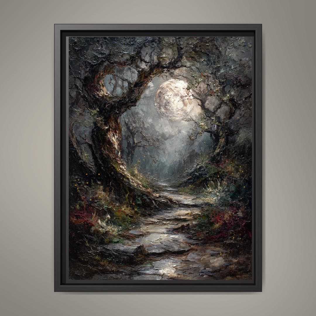 Moonlit Forest Print: Gothic Fantasy Enchanted Pathway, Fireflies Wall Art
