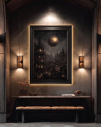 Gothic City Wall Art Print, Dark Academia Full Moon Fantasy Decor, Celestial Nightscape