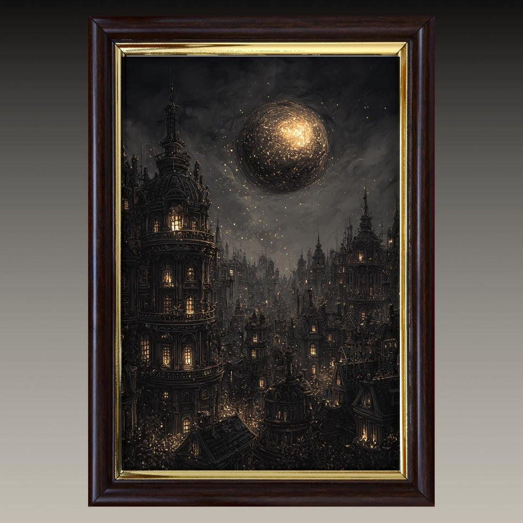 Gothic City Wall Art Print, Dark Academia Full Moon Fantasy Decor, Celestial Nightscape