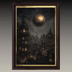 Gothic City Wall Art Print, Dark Academia Full Moon Fantasy Decor, Celestial Nightscape