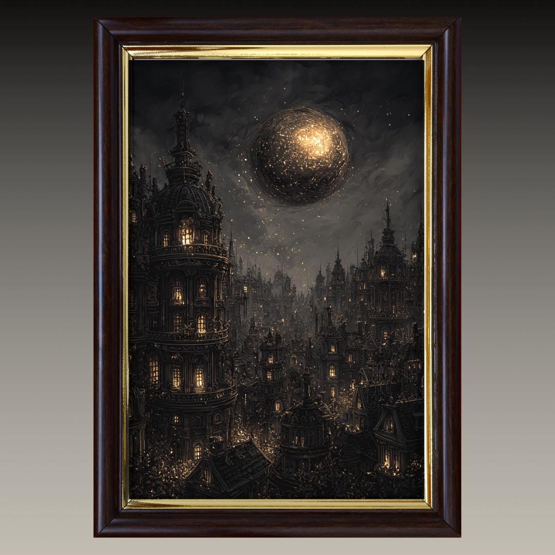 Gothic City Wall Art Print, Dark Academia Full Moon Fantasy Decor, Celestial Nightscape