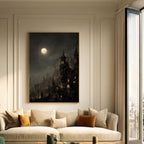 Victorian Moonlit Silhouette City Buildings Wall Art Print, Gothic Full Moon Cityscape Decor