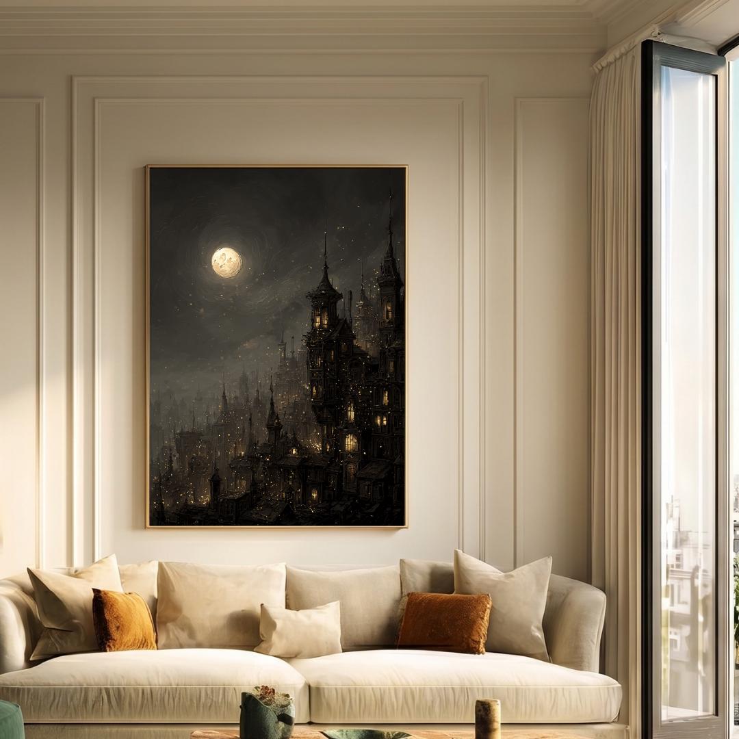 Victorian Moonlit Silhouette City Buildings Wall Art Print, Gothic Full Moon Cityscape Decor Secondary image