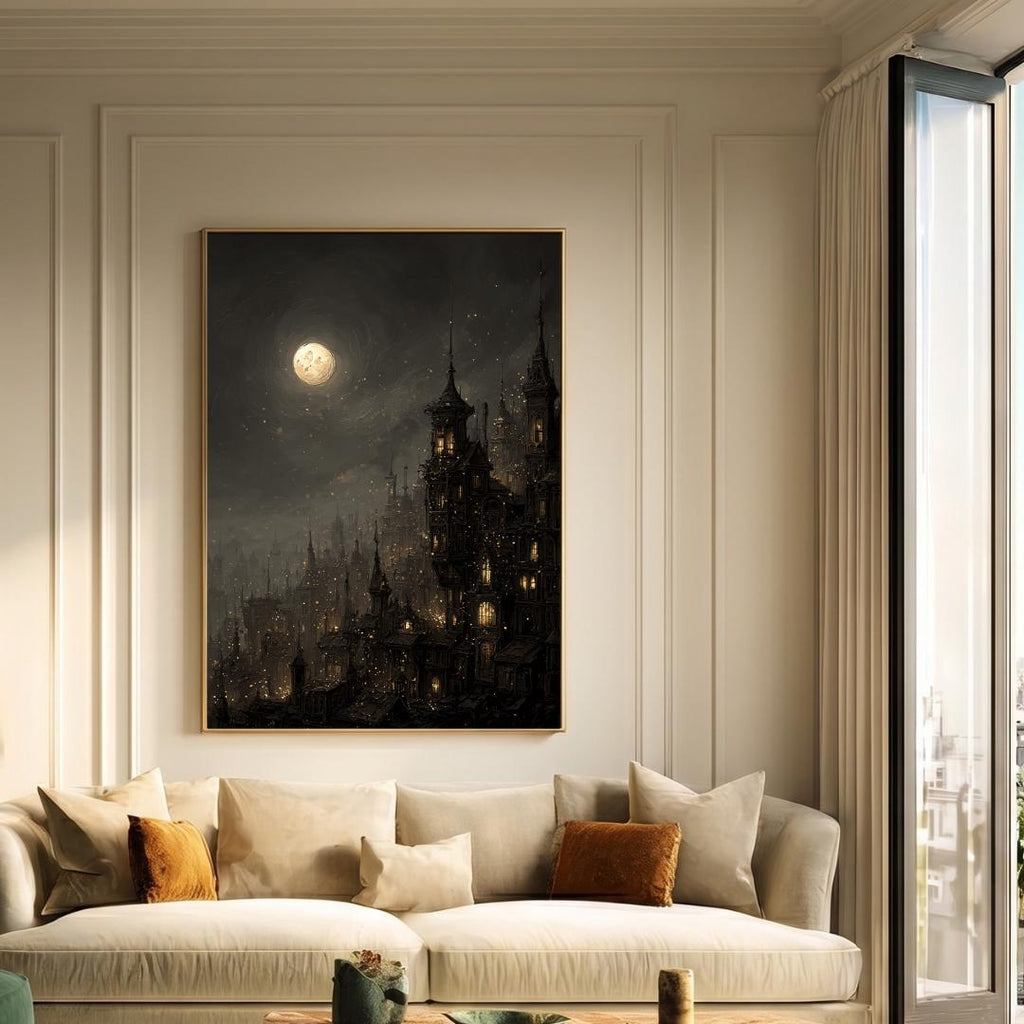 Victorian Moonlit Silhouette City Buildings Wall Art Print, Gothic Full Moon Cityscape Decor