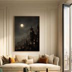 Victorian Moonlit Silhouette City Buildings Wall Art Print, Gothic Full Moon Cityscape Decor