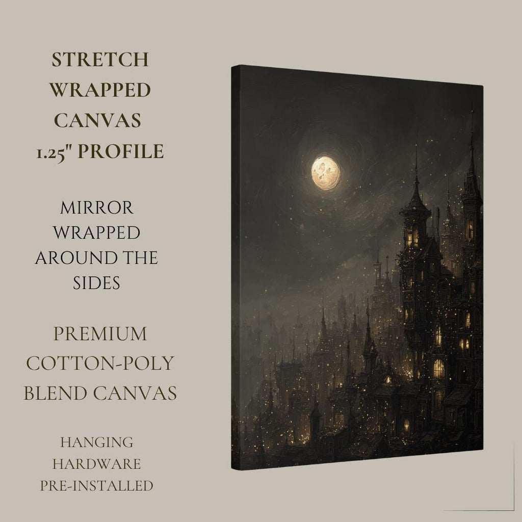 Victorian Moonlit Silhouette City Buildings Wall Art Print, Gothic Full Moon Cityscape Decor
