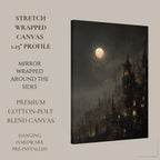 Victorian Moonlit Silhouette City Buildings Wall Art Print, Gothic Full Moon Cityscape Decor