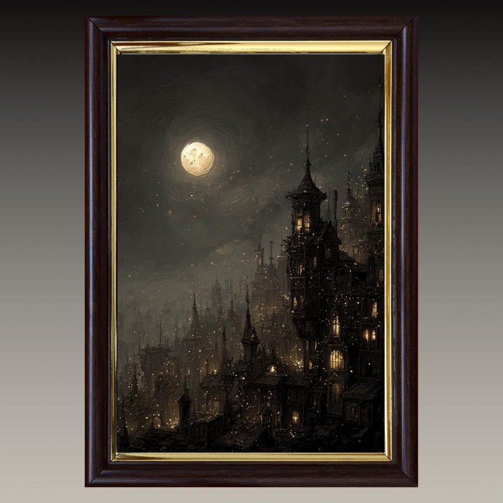 Victorian Moonlit Silhouette City Buildings Wall Art Print, Gothic Full Moon Cityscape Decor