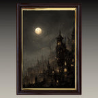 Victorian Moonlit Silhouette City Buildings Wall Art Print, Gothic Full Moon Cityscape Decor