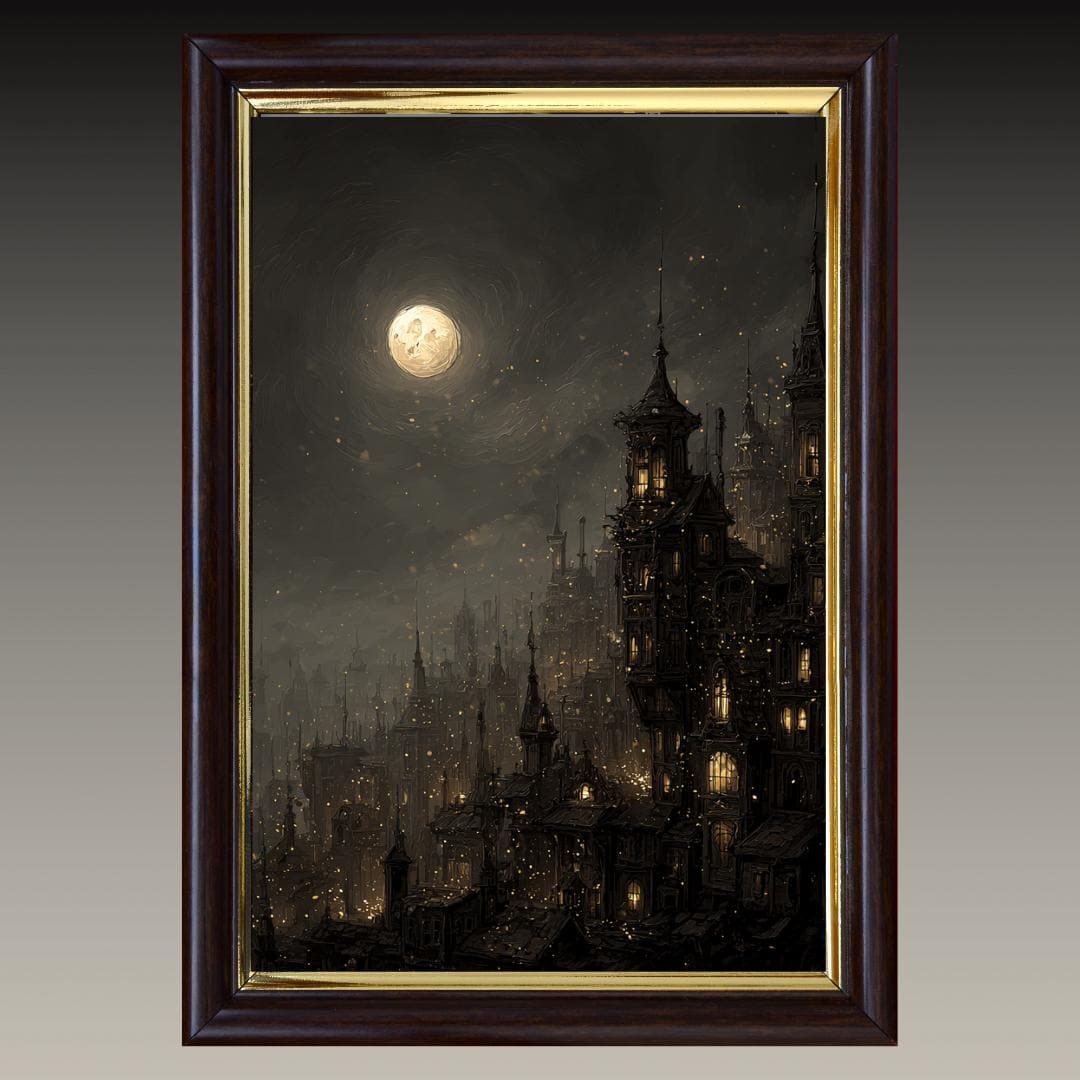Victorian Moonlit Silhouette City Buildings Wall Art Print, Gothic Full Moon Cityscape Decor