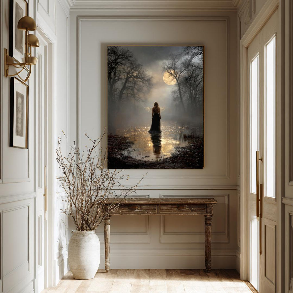 Dark Fairy Moonlit Enchanted Forest Wall Art Print, Gothic Fantasy Fae Golden Wings Artwork