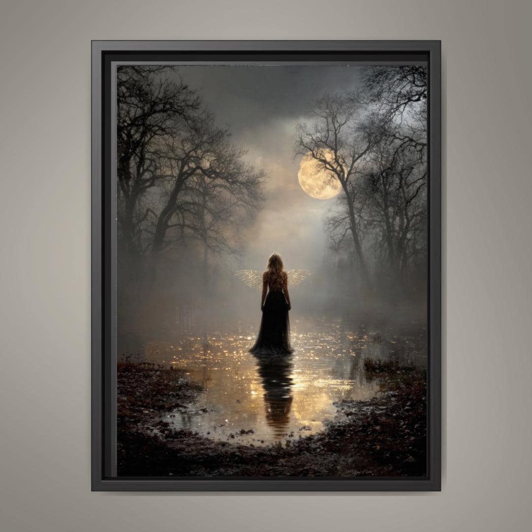 Dark Fairy Moonlit Enchanted Forest Wall Art Print, Gothic Fantasy Fae Golden Wings Artwork Main image