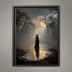 Dark Fairy Moonlit Enchanted Forest Wall Art Print, Gothic Fantasy Fae Golden Wings Artwork