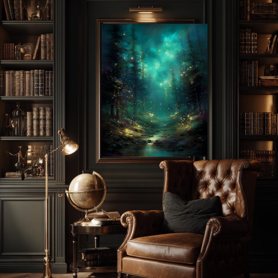 Enchanted Fir Tree Pine Forest Wall Art, Fantasy Woodland Path Print, Dark Academia Artwork