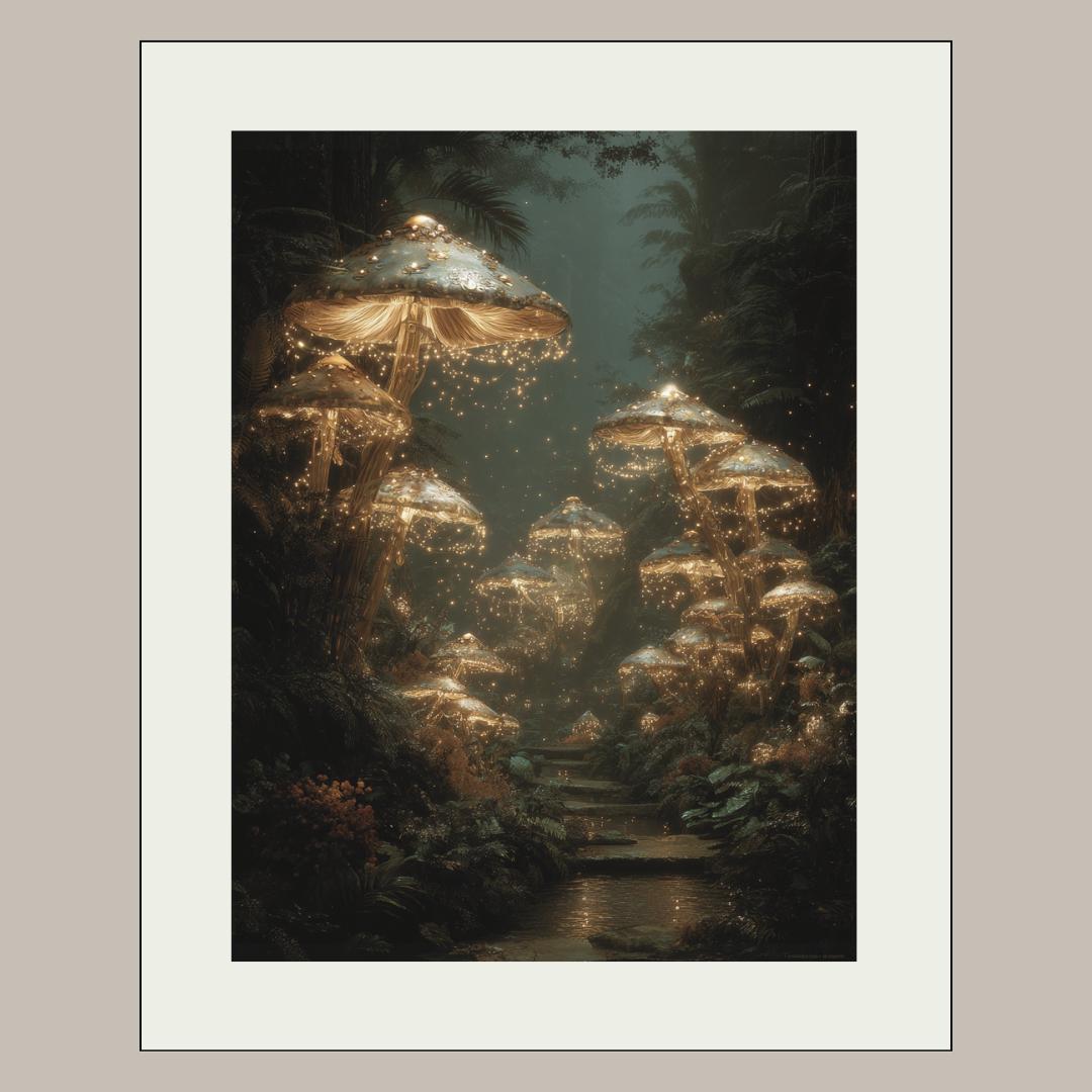 Glowing Mushrooms Forest Wall Art Print, Enchanted Woodland Decor, Dark and Moody Fairycore Artwork
