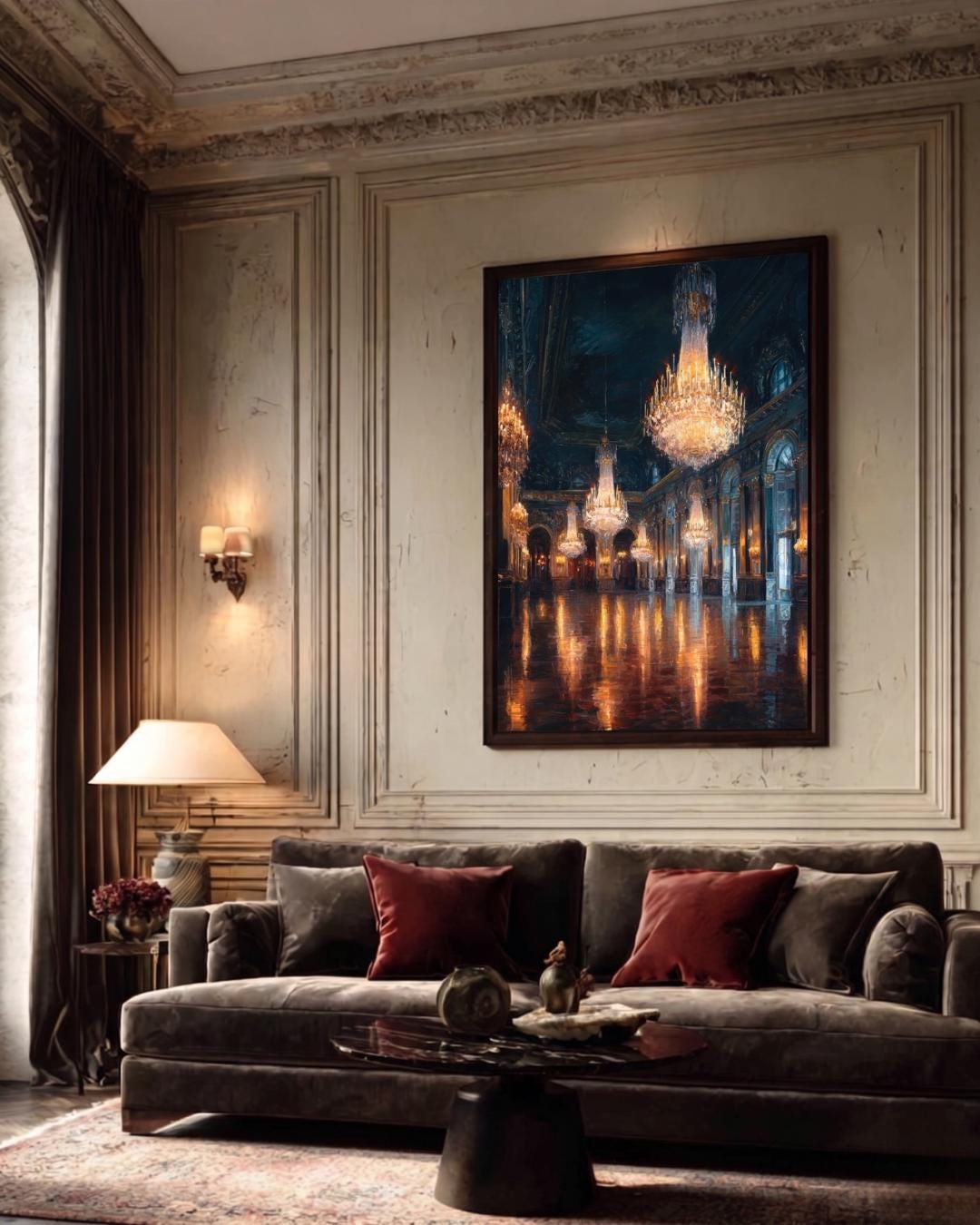 Grand Chandelier Ballroom Wall Art, Luxury European Palace Interior Dark Moody Printed Wallart
