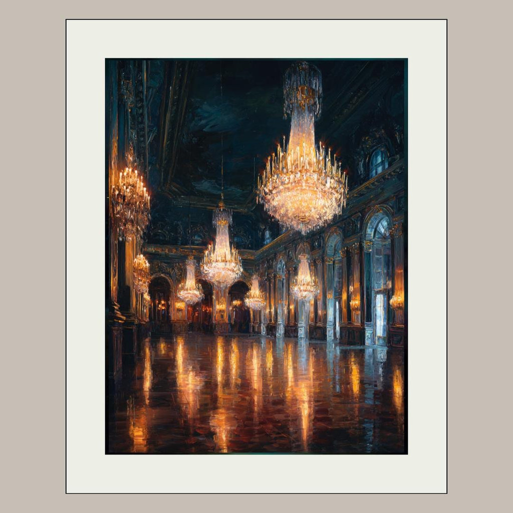 Grand Chandelier Ballroom Wall Art, Luxury European Palace Interior Dark Moody Printed Wallart