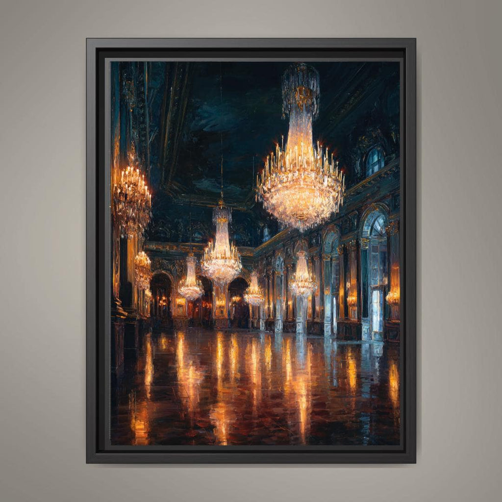 Grand Chandelier Ballroom Wall Art, Luxury European Palace Interior Dark Moody Printed Wallart