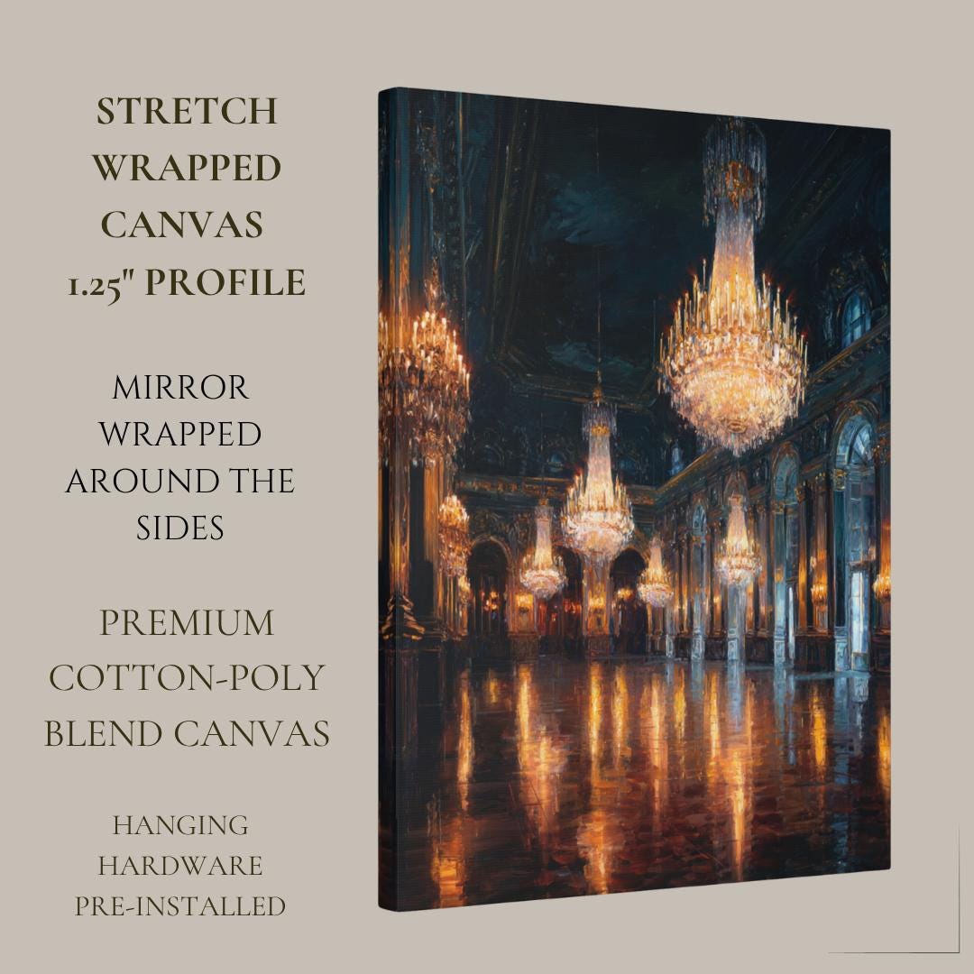 Grand Chandelier Ballroom Wall Art, Luxury European Palace Interior Dark Moody Printed Wallart