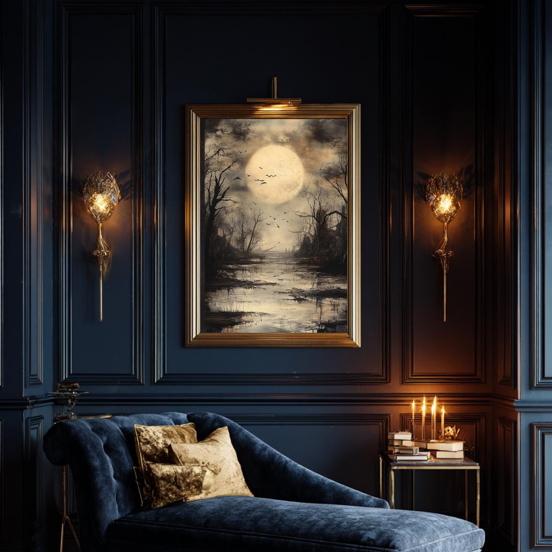 Moonlit Swamp Full Moon Wall Art Print, Gothic Trees Landscape Artwork, Dark Academia Decor