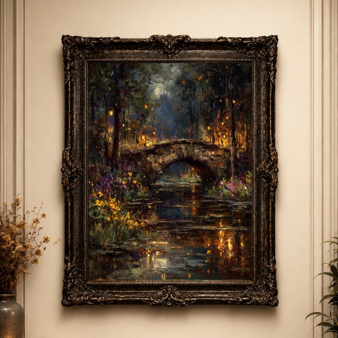 Moonlit Stone Bridge Art Print: Enchanted Forest Lantern River Wallart Main image