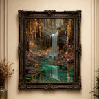 Enchanted Waterfall Forest Wall Art Print, Magical Fairy Light Woodland Painting Teal Green Decor