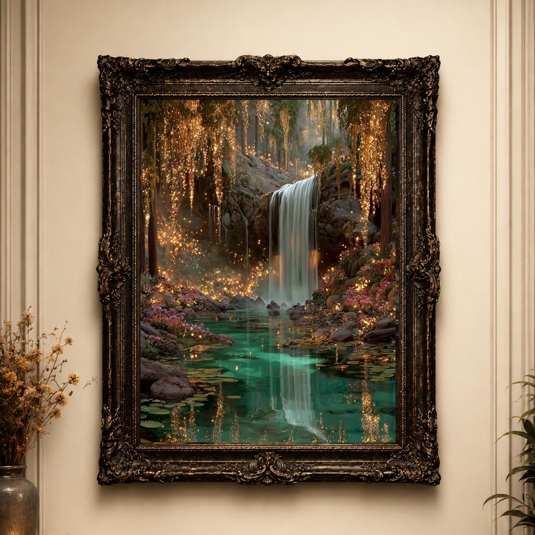 Enchanted Waterfall Forest Wall Art Print, Magical Fairy Light Woodland Painting Teal Green Decor