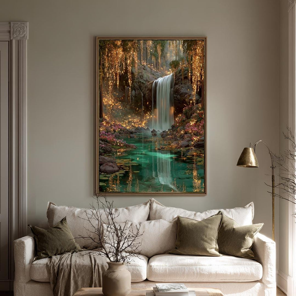Enchanted Waterfall Forest Wall Art Print, Magical Fairy Light Woodland Painting Teal Green Decor