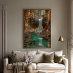 Enchanted Waterfall Forest Wall Art Print, Magical Fairy Light Woodland Painting Teal Green Decor