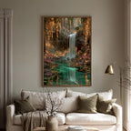 Enchanted Waterfall Forest Wall Art Print, Magical Fairy Light Woodland Painting Teal Green Decor