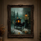Victorian Horsedrawn Carriage Wall Art Print, Moody Dark Academia Vintage London Funeral Night Scene