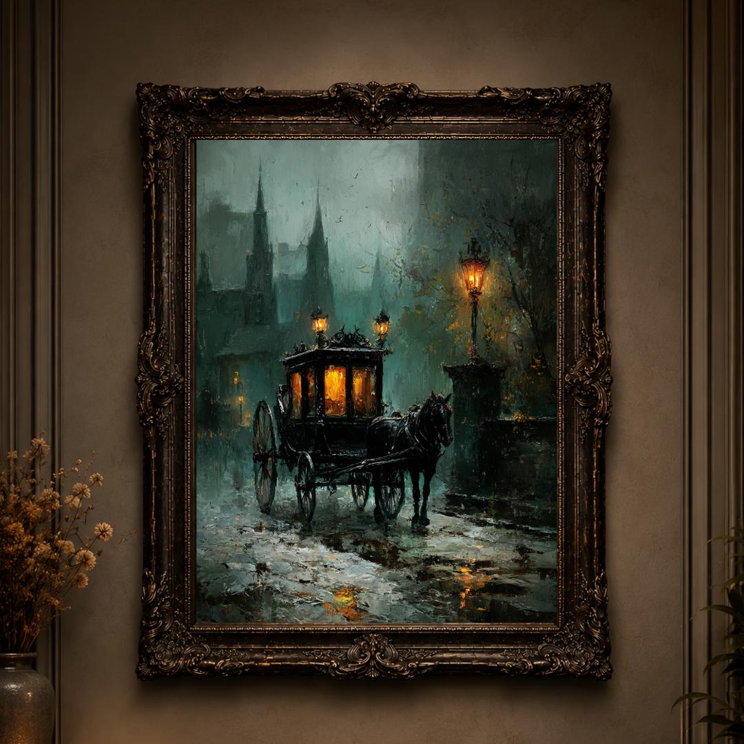 Victorian Horsedrawn Carriage Wall Art Print, Moody Dark Academia Vintage London Funeral Night Scene