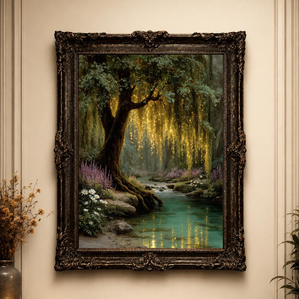 Enchanted Weeping Willow Firefly Print William Morris Inspired Fantasy Golden Tree Reflections on Water