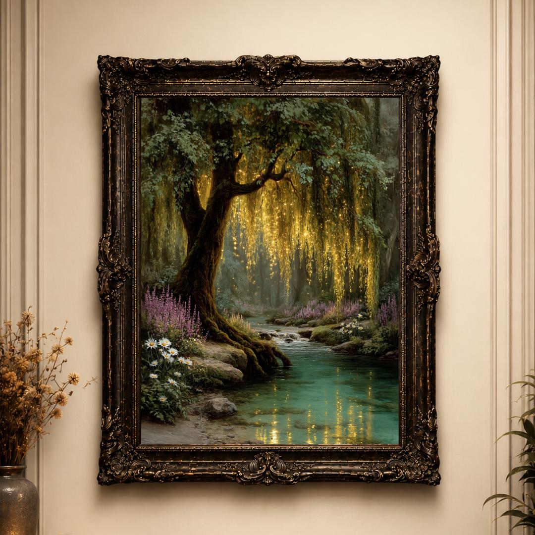 Enchanted Weeping Willow Firefly Print William Morris Inspired Fantasy Golden Tree Reflections on Water