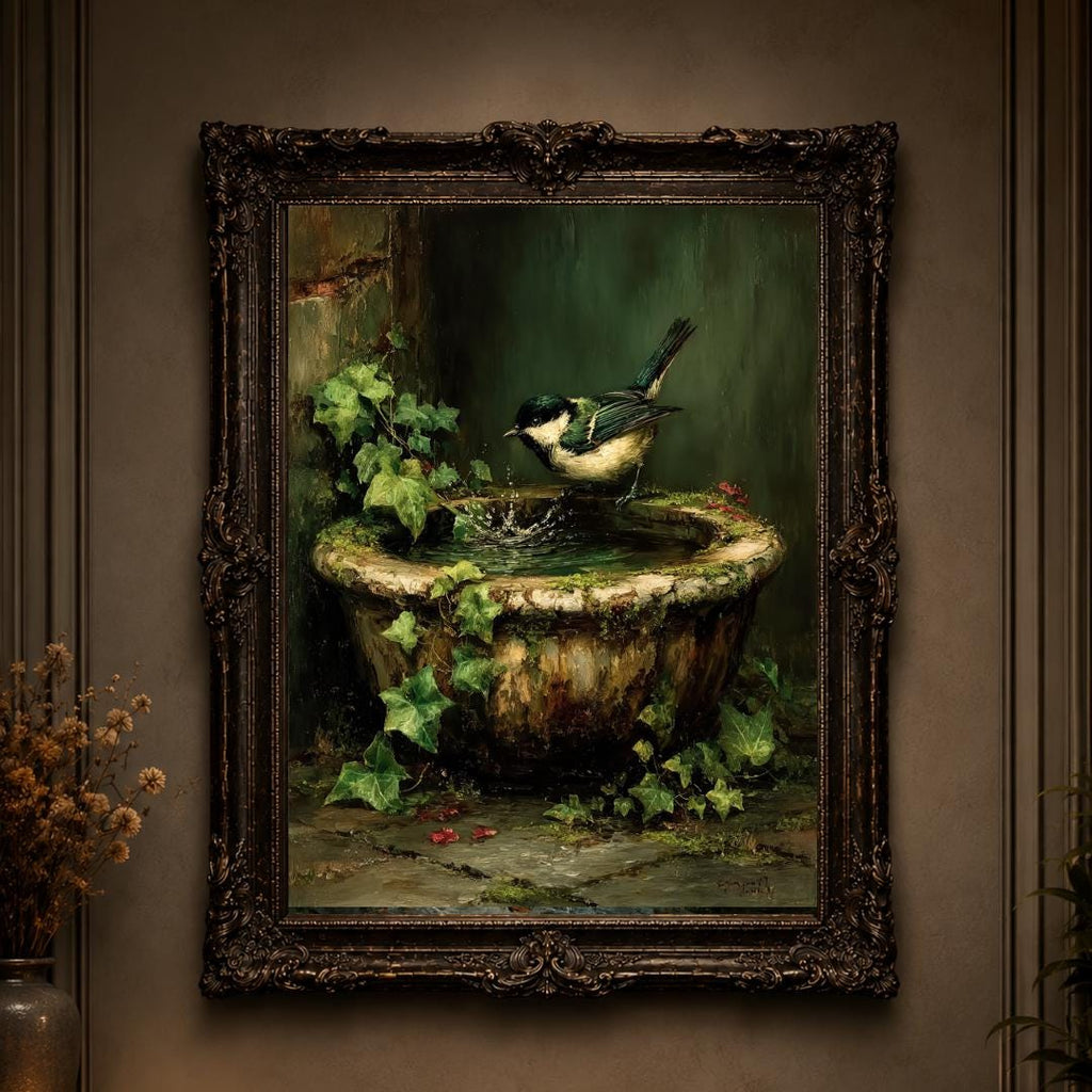 Garden Bird in Vintage Stone Bird Bath Print Oil Painted Style Wall Art