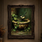 Garden Bird in Vintage Stone Bird Bath Print Oil Painted Style Wall Art