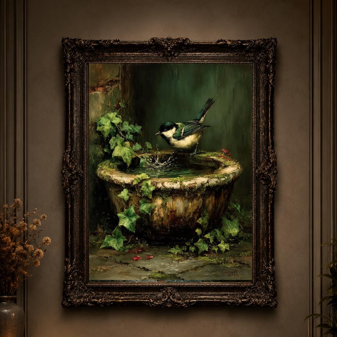 Garden Bird in Vintage Stone Bird Bath Print Oil Painted Style Wall Art