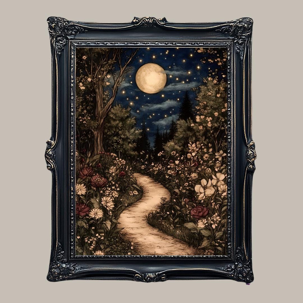 Celestial William Morris Inspired Woodland Print Moonlit Garden Path Nature Illustration