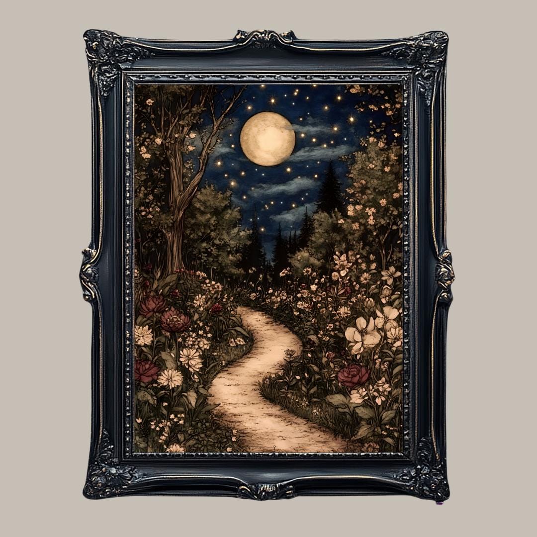 Celestial William Morris Inspired Woodland Print Moonlit Garden Path Nature Illustration