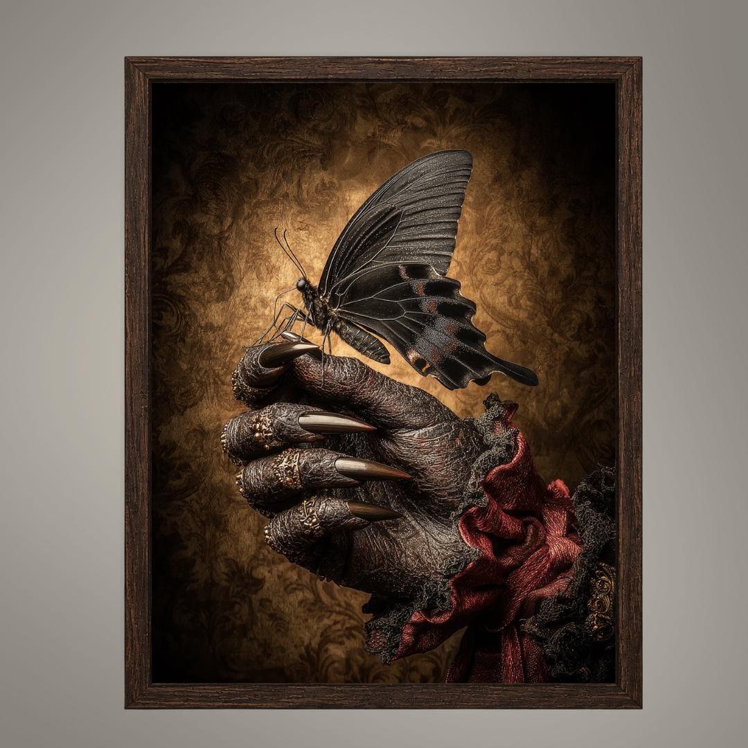 Black Butterfly Devil Hand Wall Art Print, Dark Fantasy Occult Decor, Victorian Witchy Artwork
