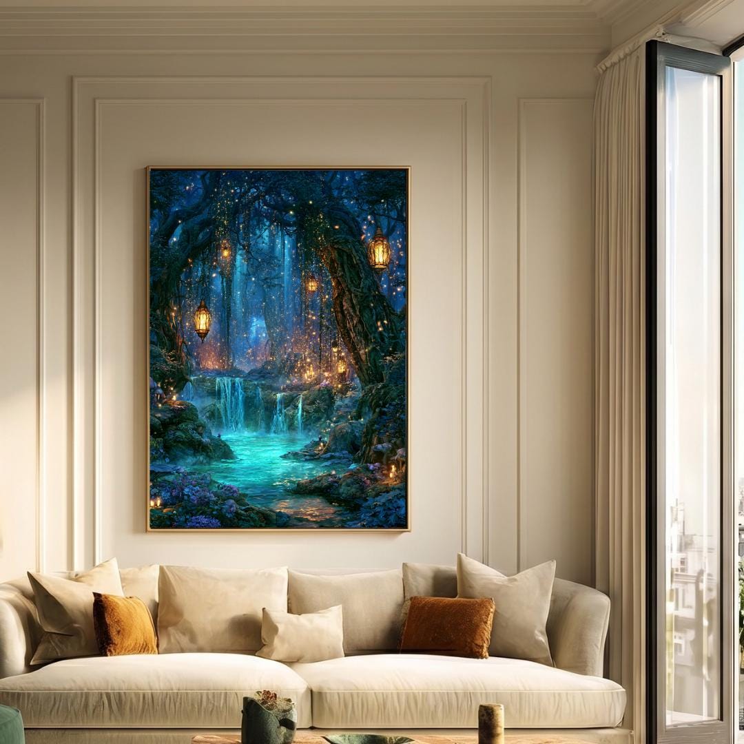 Blue Lagoon Enchanted Waterfall Wall Art Print, Magical Forest Decor, Fantasy Woodland Artwork