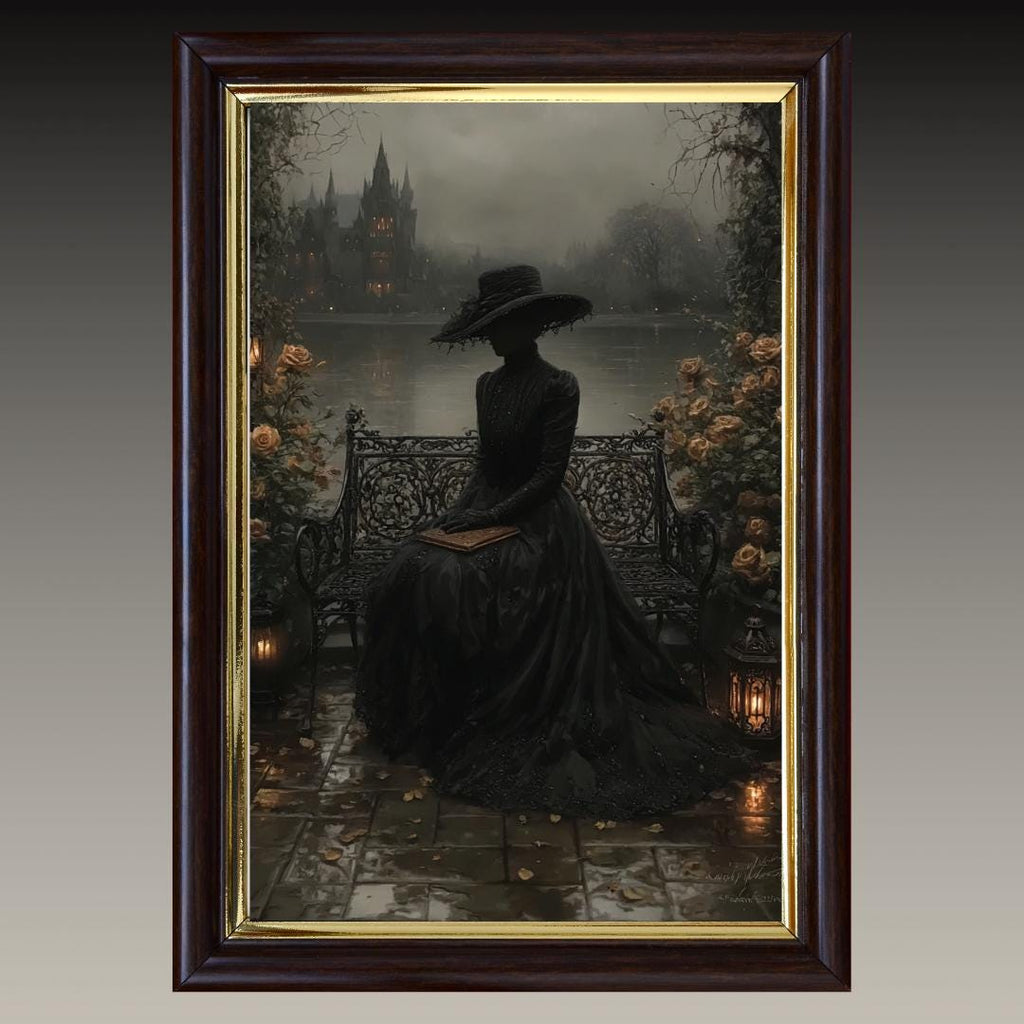 Victorian Widow in Black Lace by Misty Gothic Lake Castle Wall Art Print