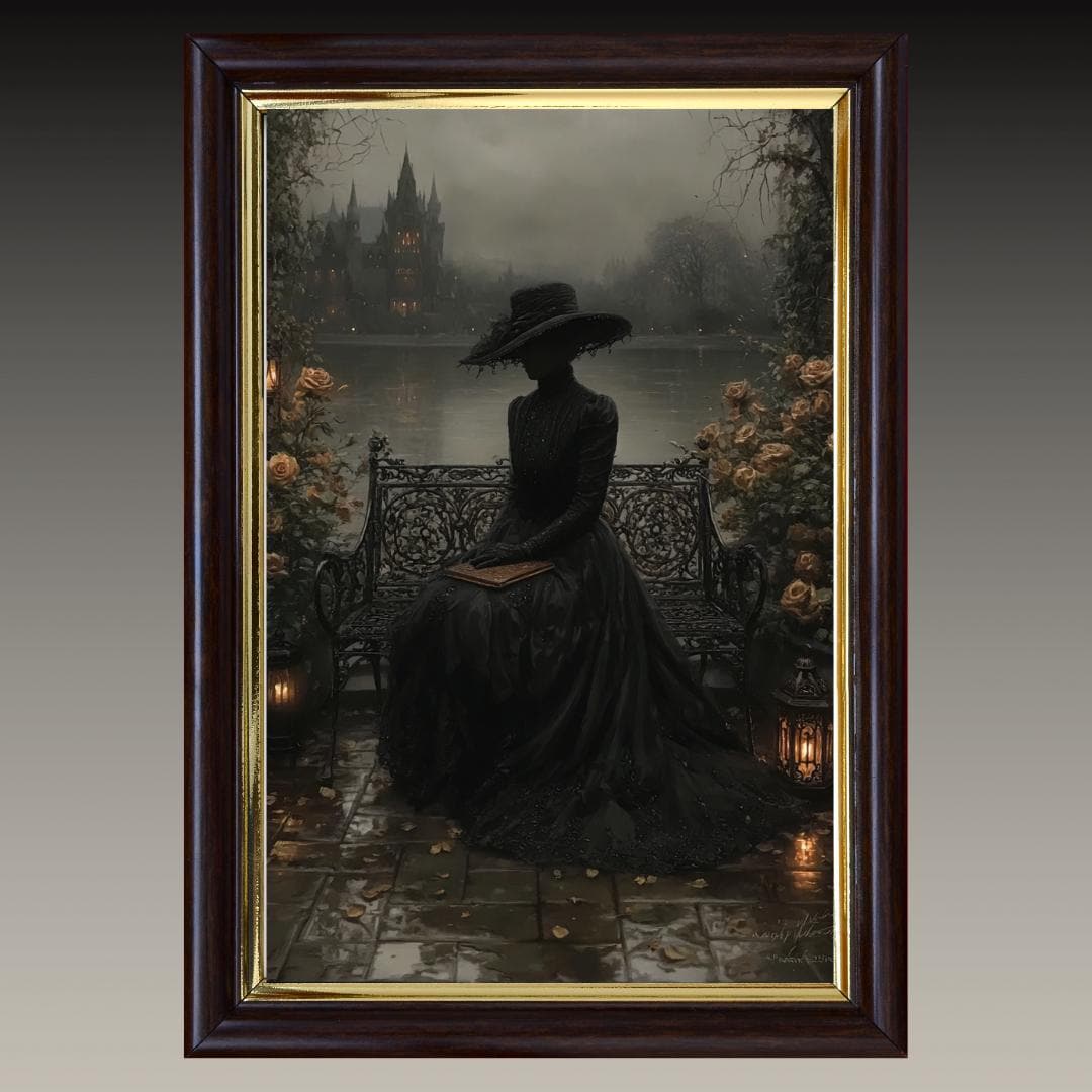 Victorian Widow in Black Lace by Misty Gothic Lake Castle Wall Art Print Secondary image