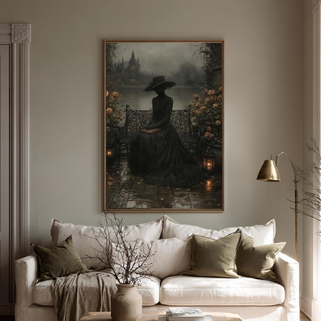 Victorian Widow in Black Lace by Misty Gothic Lake Castle Wall Art Print